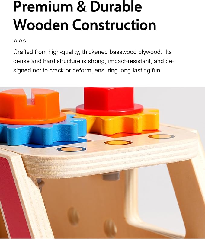 33-Piece Wooden Tool Set for Toddlers, Fire Truck Toolbox & Workbench Montessori Toys for 3-6 Year Olds, STEM Educational Pretend Play Tools, Construction Learning Gift for Boys Girls