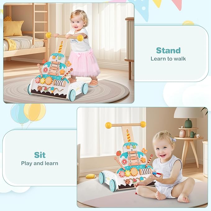 HONEY JOY Baby Push Walker, Wooden Infant Walker Activity Center w/Adjustable Handle, Develop Motor Skills & Creativity, Push Toys for Babies Learning to Walk, First Birthday Gift for Boys and Girls