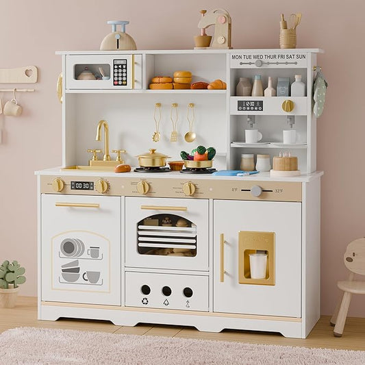 Play Kitchen Set, Kids Kitchen Playset with 21 Fun Accessories, Toy Kitchen Set with Realistic Appliances, Smart Storage, Wooden Play Kitchen for Kids, Gift for Ages 3+ (White & Gold)