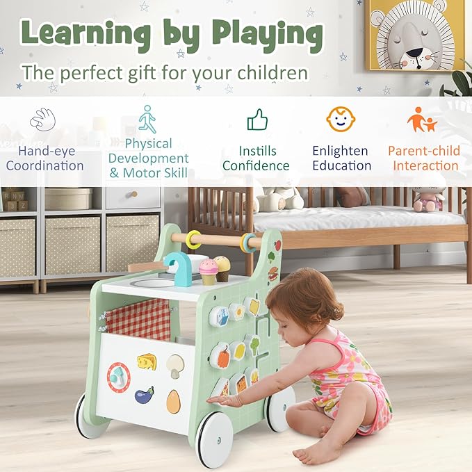 BABY JOY 6 in 1 Wooden Baby Walker, Toddler Pretend Play Kitchen Playset, Push and Pull Sit-to-Stand Learning Walker Activity Center, Montessori Educational Toy, Push Walker for Boys Girls