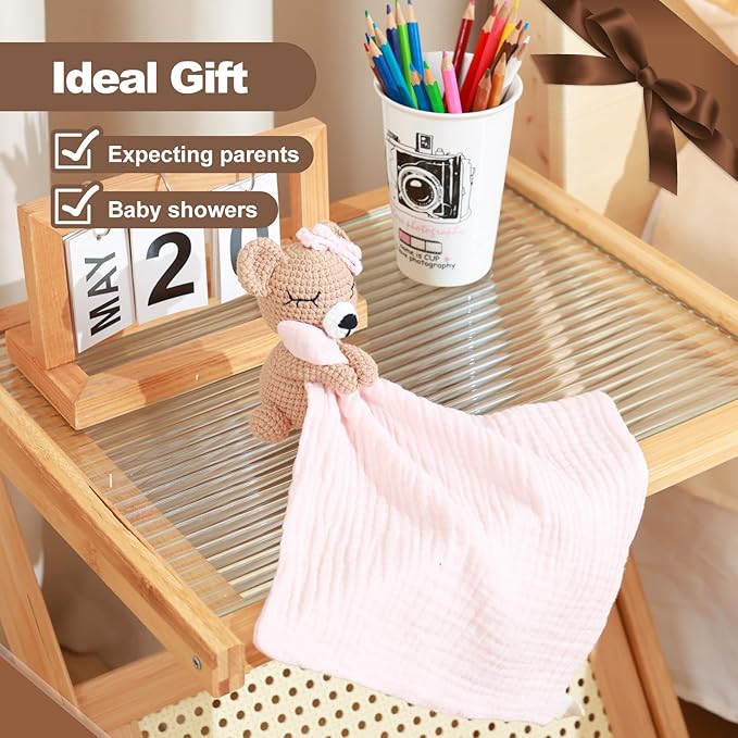 Baby Doll Blankets & Plush Teddy Bear Rattle - Perfect Newborn Girl Essential, Crochet Baby Rattles, Security Blanket, and Sleeping Toys for Babies