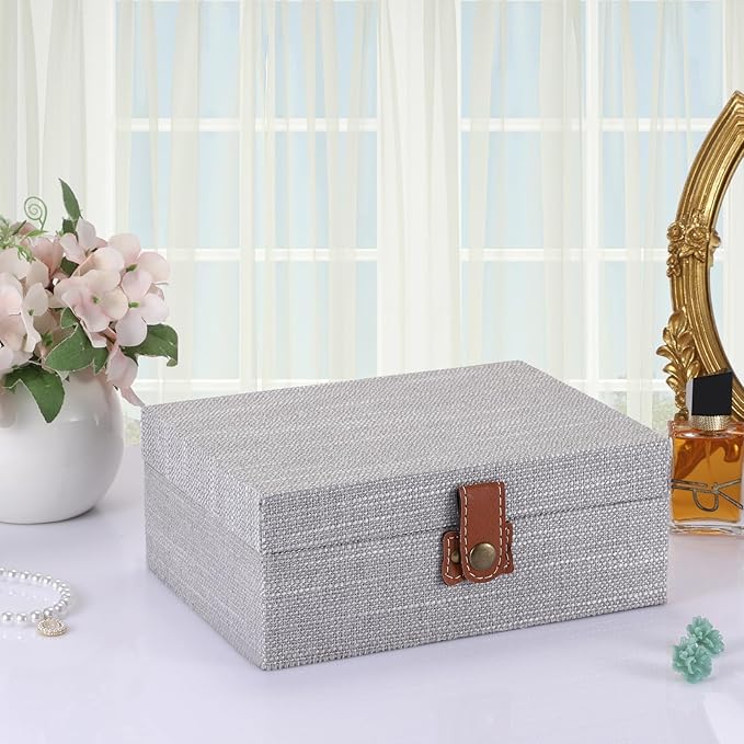 Hipiwe Decorative Jewelry Storage Box Gray Wooden Case with Linen Covered Treasure Chest for Women Gift Photo Organizer with Clasp Keepsake Box Home Decor, Medium
