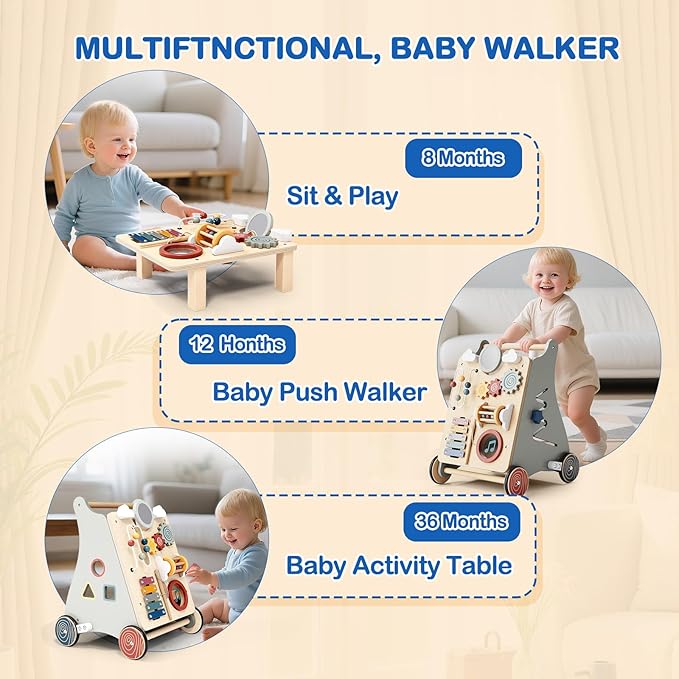 Detachable Baby Walker for Toddlers 1 Year Old Wooden Montessori Busy Board Adjustable Speed Push & Pull Walker Activity Learning to Walk Center Toy for Boys Girls 6-12 Months Baby Toys Birthday Gifts