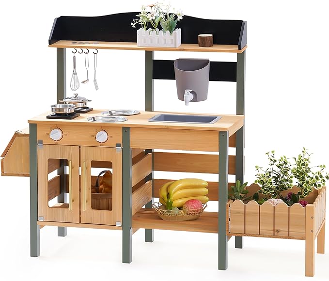 ROBUD Outdoor Mud Kitchen Set for Kids, Wooden Pretend Play Kitchen with Plant Growing Box, Real Faucet, Sink, Kitchen Accessories, Pretend Play for Kids Boys Girls Toys Age 3+