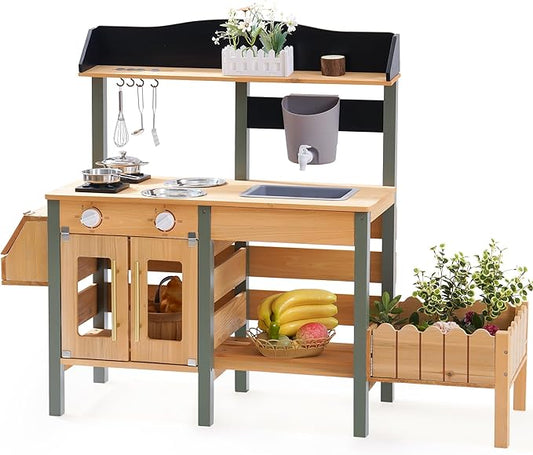 ROBUD Outdoor Mud Kitchen Set for Kids, Wooden Pretend Play Kitchen with Plant Growing Box, Real Faucet, Sink, Kitchen Accessories, Pretend Play for Kids Boys Girls Toys Age 3+