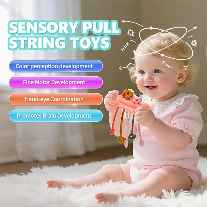 Silicone Montessori Sensory Toys for 18 Months Baby, Drawstring Activity Toy, Early Learning Fine Motor Skills Toys, Car Seat Airplane Travel Teething Toys (Pink)