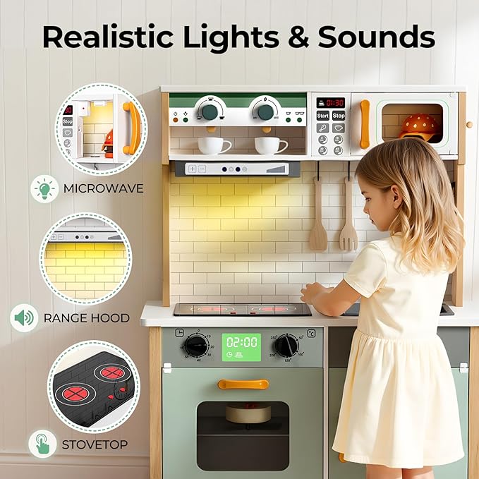 Play Kitchen Wooden Kids Kitchen Playset Pretending Toys for Toddlers with Real Lights & Sounds, 3 Heights Adjustable, Chalkboard, 35Pcs Toy Food & Cookware Accessories-Green