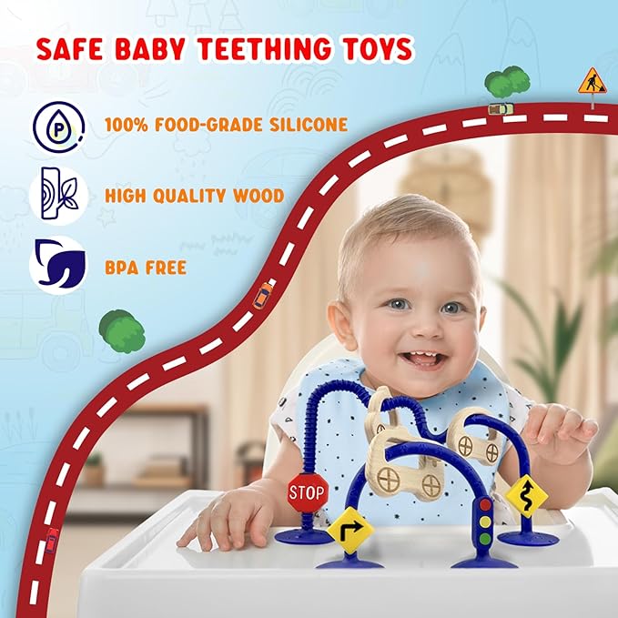 High Chair Suction Toys for Babies 6-12 Months, Suction Cup Toy for Toddlers 1-3, Baby Sensory Montessori Chew Toy for Babies 0-6 Month, Silicone Baby Teething Toys for 12-18 Months