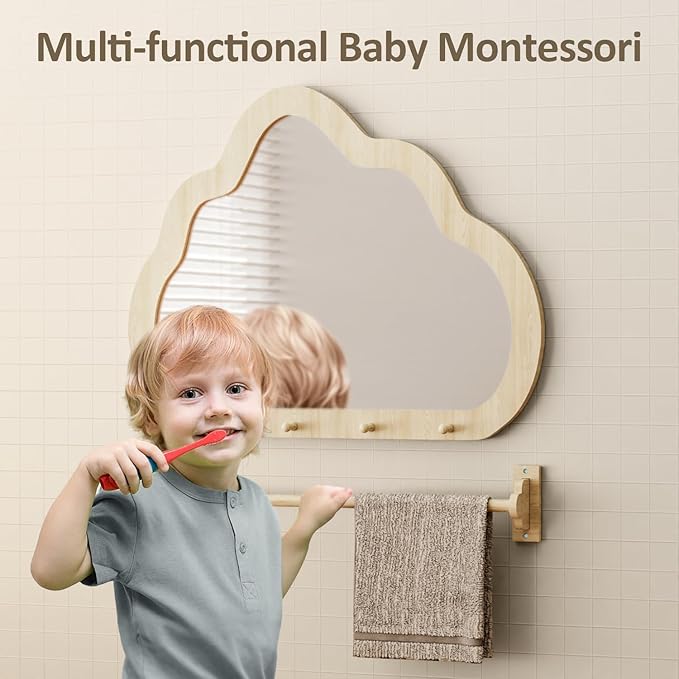 Montessori Mirror with Bar, Baby Pull to Stand Toys, Easy Assembly Natural Frame, Adjustable Infant Mirror, Montessori Furniture for Toddler 6-18 Months-Natural
