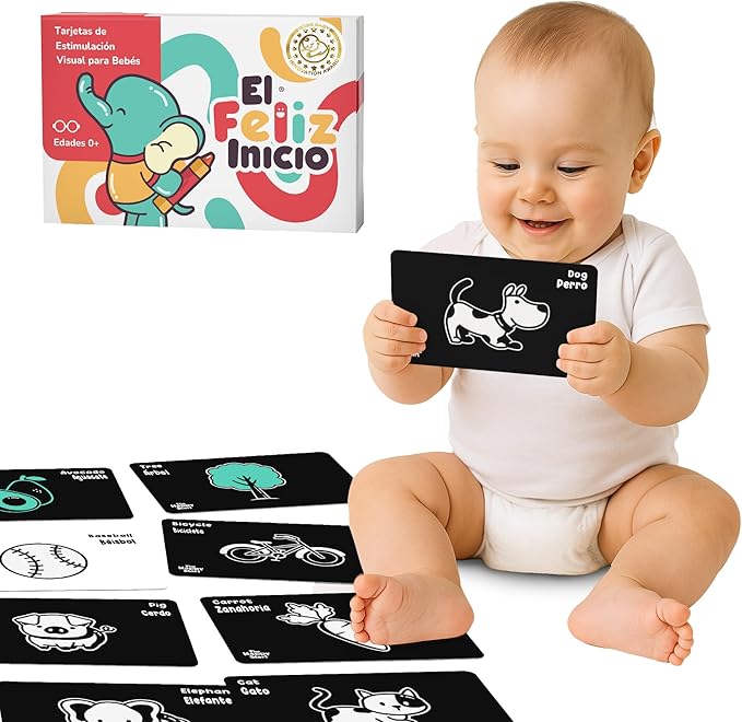 Happy Start High Contrast Baby Cards for Newborns - Black & White Cards, Water-Resistant, BPA-Free, Portable Educational Flashcards for Visual Stimulation, Award-Winning, Ages 0+ (English & Español)