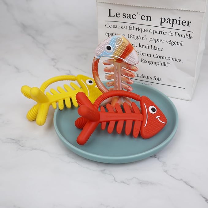3 in 1 Infant Toys, Baby Teething Toys 3–6 6–12 Months, Teethers for Babies 0–3–6–12 Months for Teething Relief, Baby Gift, Baby Teether Toys, Silicone Sensory Toys, USA Patent Pending, Fish (Coral)