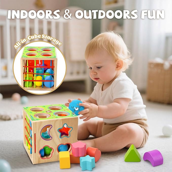 4-in-1 Montessori Toys for 1+ Year Old - Shape Sorting Activity Cube, Hammer Pounding Game, Baby Blocks & Sensory Toys for Toddlers 1-3, Wooden Toy Gift for 1 Year Old Boys and Girls