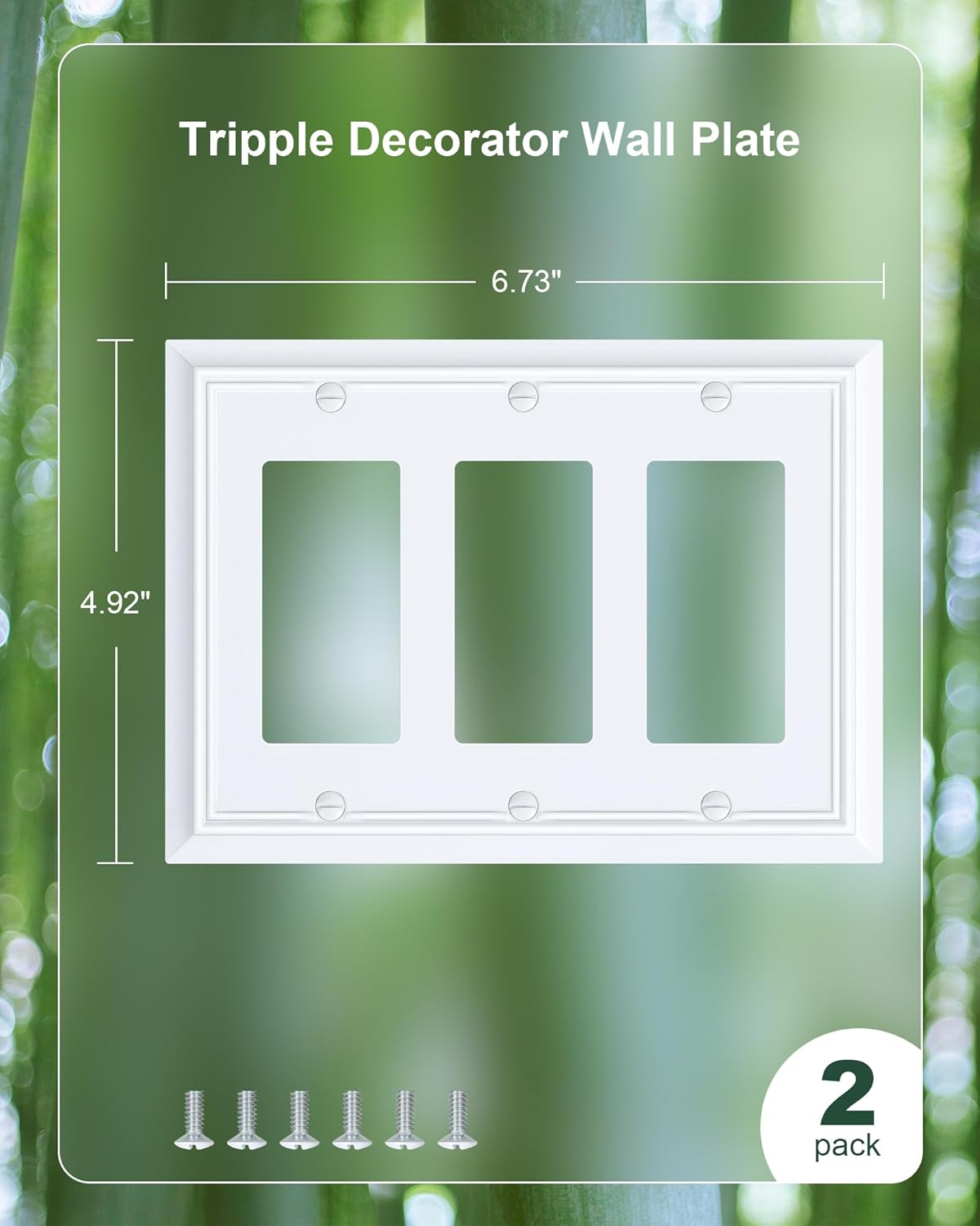 2-Pack Decorative Tripple Decorator Outlet Cover Plate, Durable Natural Bamboo Fiber Pure White Wall Plates for Electrical Outlets, Receptacle, GFCI Outlet, Dimmer Switch, 3-Gang, Corrosion Resistant