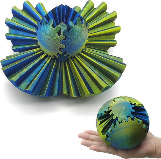 3D Printed Gear Ball Spin Ball, 4inch Large Gear Ball Fidget Toy, Gear Sphere Cube Puzzle, Gearball Fidget Desk Toy, Gearsphere Steampunk Whirling Wonder Fidget Stress Ball (Yellow Blue)
