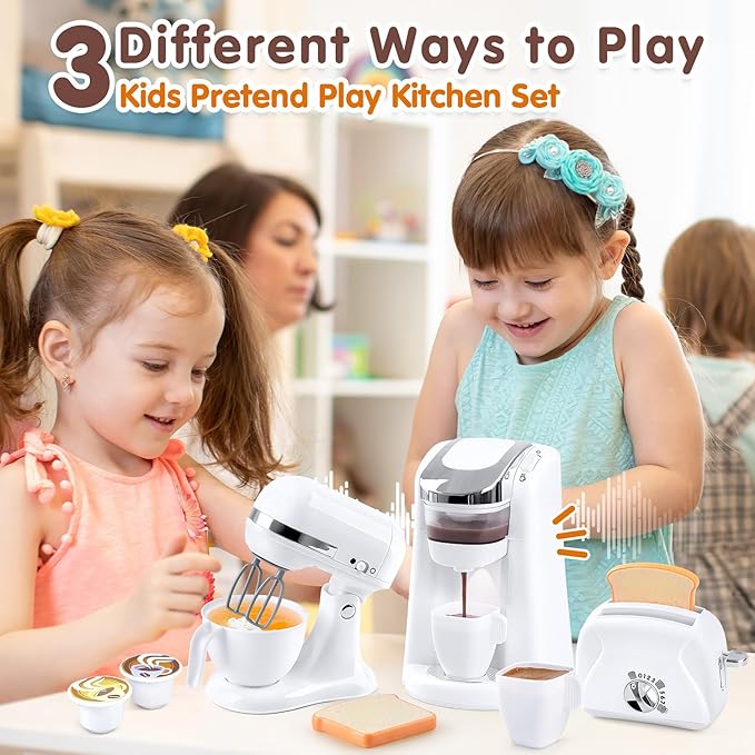 Play Kitchen Appliances Toys, Kids Kitchen Playset Accessories, Pretend Play Toy Sets with Coffee Maker, Mixer, Toaster with Realistic Lights & Sounds, Gifts for Boys Girls Toddlers Ages 3+, White
