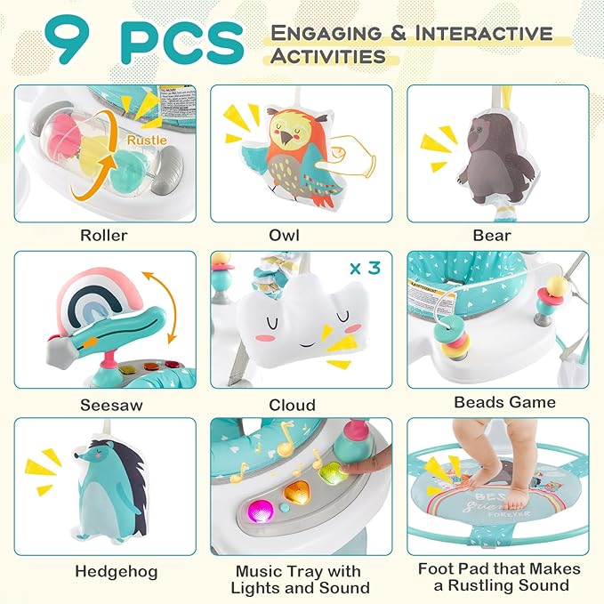 BABY JOY Baby Jumpers and Bouncers, Infant Activity Center with Music Lights Sounds, 360° Rotating Seat and 3 Adjustable Heights, Baby Play and Learning Center for 6-12 Months