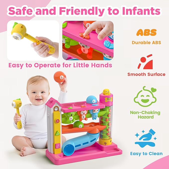 Musical Ball Drop Toys for 1 Year Old Girl Gifts, Eductional Baby Toy 12-18 Month Toddler Toy Age 1-2, First Birthday Gift for 1 Year Old Girl Boy, Infant Toys for 9-12-18 Month Olds (Pink)