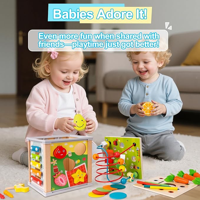 Wooden Activity Cube | 10-in-1 Montessori Toys | Multipurpose Baby Educational Developmental Toy | Bonus Shape sorter & Ball Coin Stick Drop Game | Birthday Gift for Baby Boys Girls
