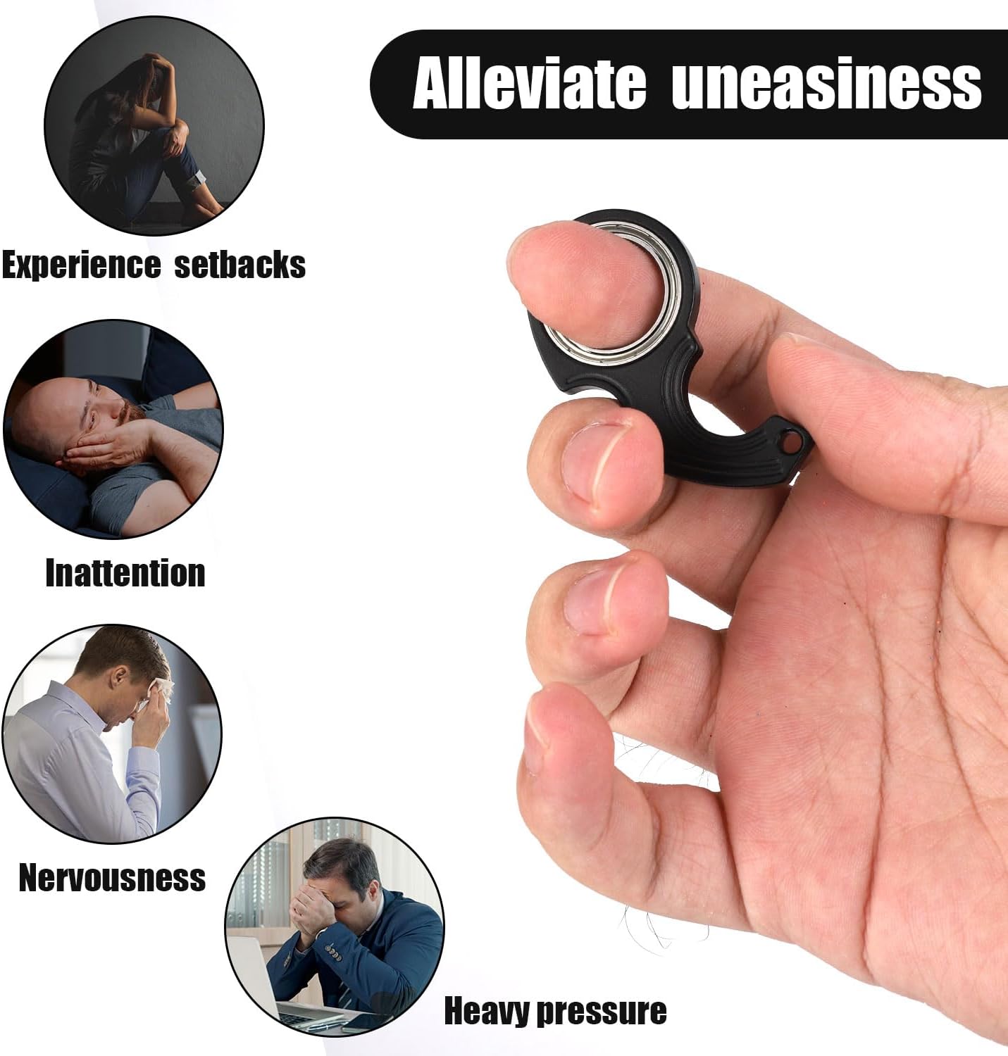 2pcs Key Chain Spinner Toys 0.67" Inner Diameter with 2pcs Key Rings, Finger Fidget Keychain Key Ring Spinner Toy Gifts for Kids Adults Finger Exercising Anxiety Relief (Black, Silver)