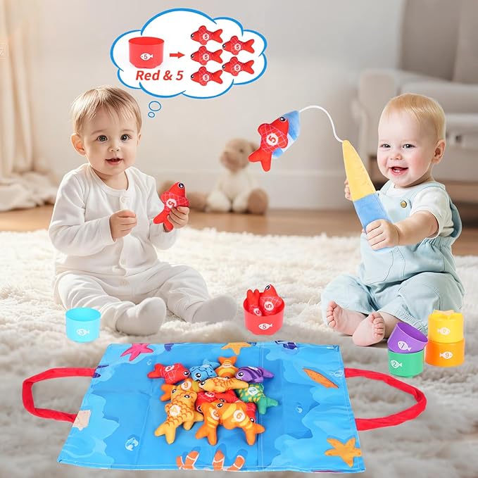 29PCS Montessori Toddler Toys for Baby Boy Girl, Cloth Fishing Game Set with Stacking Cups, Learning Toys for Number & Color Sorting, Birthday Toys Gifts for Babies Toddlers