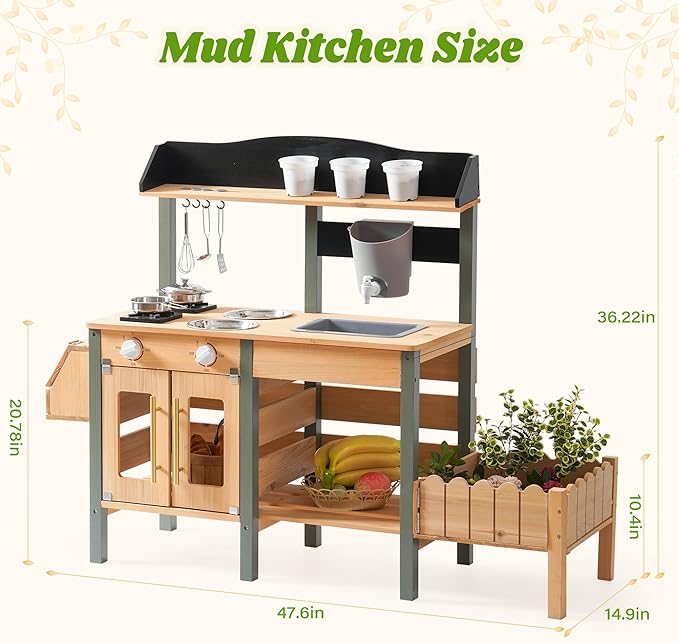 ROBUD Outdoor Mud Kitchen Set for Kids, Wooden Pretend Play Kitchen with Plant Growing Box, Real Faucet, Sink, Kitchen Accessories, Pretend Play for Kids Boys Girls Toys Age 3+
