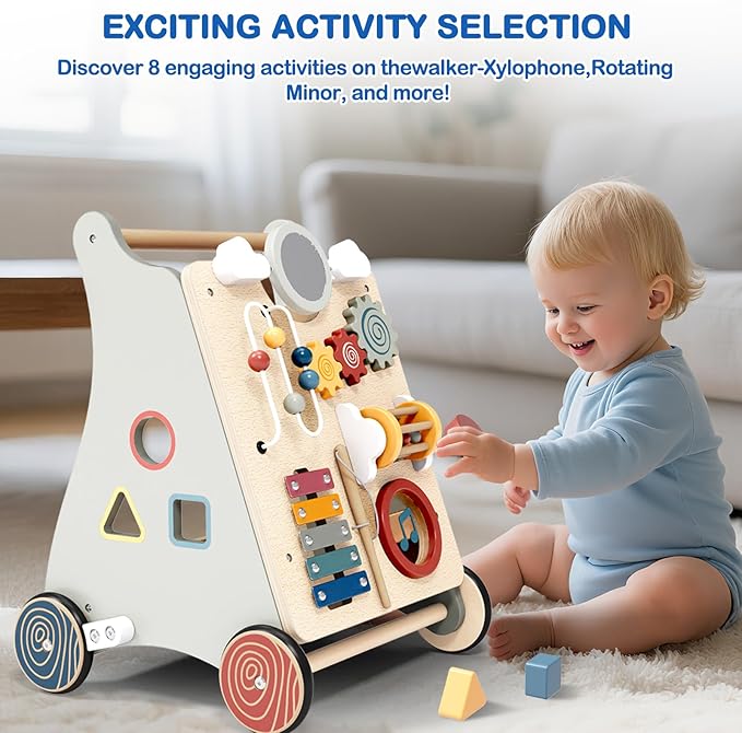 Detachable Baby Walker for Toddlers 1 Year Old Wooden Montessori Busy Board Adjustable Speed Push & Pull Walker Activity Learning to Walk Center Toy for Boys Girls 6-12 Months Baby Toys Birthday Gifts