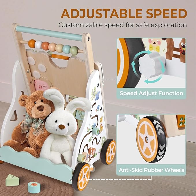 Baby Push Walker, Wooden Baby Walker with Wheels, Montessori Activity Center for 1 2 3 Years Old Boys Girls, Adjustable Speed & Height Push Toy for Toddler Learning to Walk, Gift for Kids Development