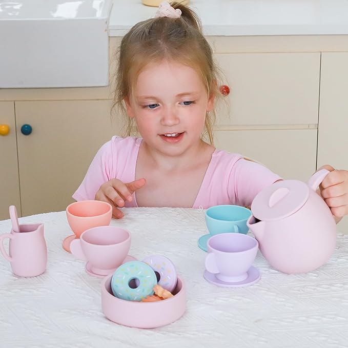Lorfancy 20 Pcs Silicone Tea Party Set for Little Girls Kids Toddlers Tea Set with Tea Pot Cups Food Pretend Play Kitchen Accessories Christmas Birthday Gift for Girls Age 2 3 4 5 6 Year Old Toys