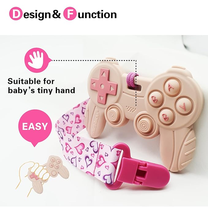 Cool Remote Game Control Teething Toy for Babies 0-6 6-12 Months,Game Controller Teether for Gamer Parents,Baby's First Valentines Day Gifts,Silicone Remote Chew Toys（Pink