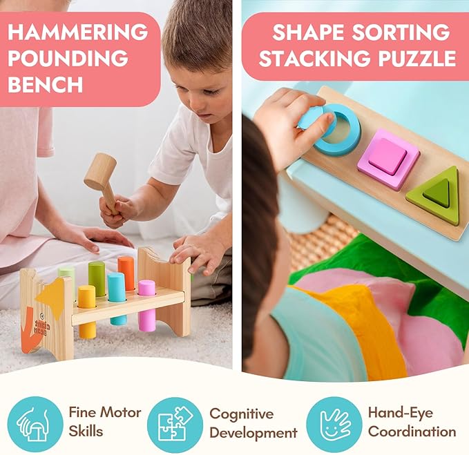 Giant bean 8-in-1 Wooden Montessori Toys Set Learning Toys for Baby 12-18 Month with Object Permanence Box, Senser Ball Roll Tower, Hammer, Fishing Carrot, Shape Sorting Stacking Cup for Kids 1+