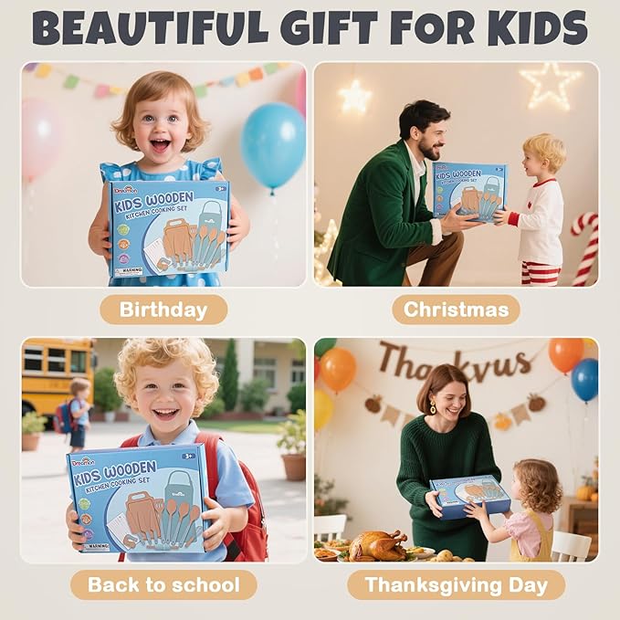 29 PCS Wooden Kids Cooking Set, Toddler Montessori Cooking & Baking Kitchen Tools for Real Cooking, 3 Knifes, Real Cutting Board, Apron, Kid Safe Kitchen Utensils for 3+ Year Old Boys Girls Gift