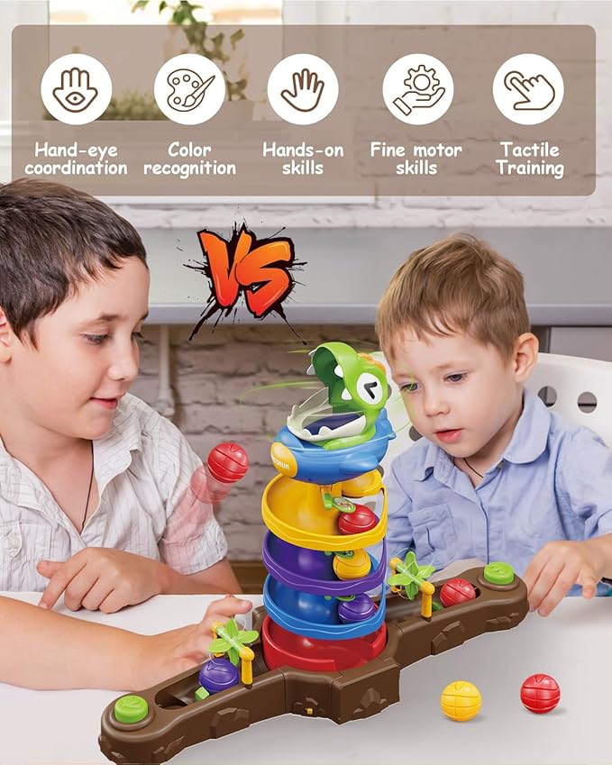 Dinosaur Ball Drop Toy for 3 4 5 6 7 8 Years Old Kids, Dino Spin Twister Toddlers Toy, Shoot Balls Toddler Montessori Toys Gifts for 3-6 Year Old Boys Girls, 2 Players PK Mode