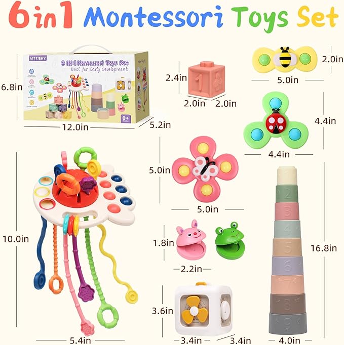 Christmas Stocking Stuffers 6 in 1 Montessori Toys for Babies 6-12 Months, Infant Sensory Pull String Toy, Fidget Spinners Soft Baby Blocks & Stacking Cups for Toddlers 1-3, Baby Gifts for 1 Year Old