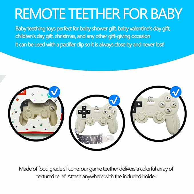 Cool Remote Game Control Teething Toy for Babies 0-6 6-12 Months,Game Controller Teether for Gamer Parents,Baby's First Valentines Day Gifts,Silicone Remote Chew Toys（White