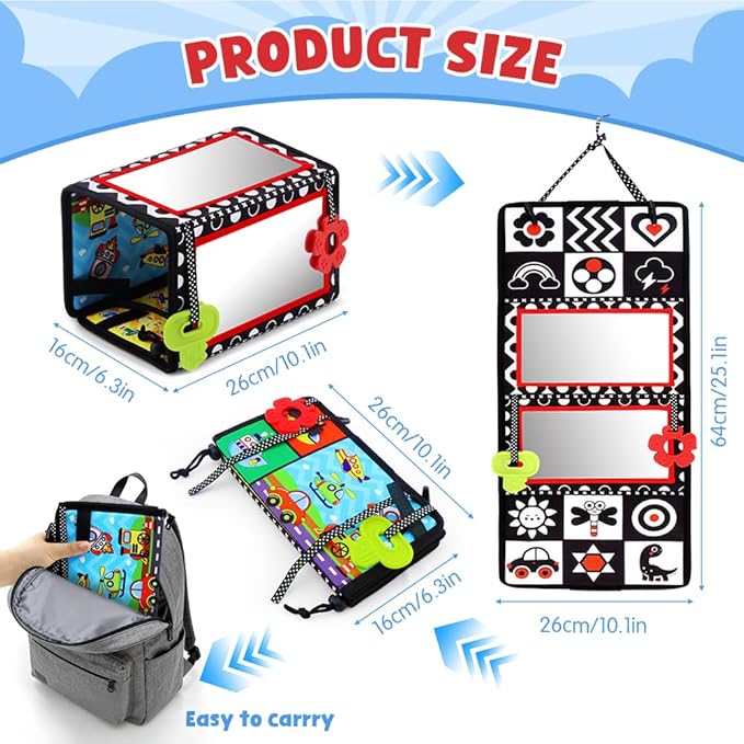 Tummy Time Mirror, Double-Sided Baby Mirror Black and White High Contrast Baby Toys for Babies Newborn Infant, Crawling Toys Boys Girls Sensory Toys Activity mat