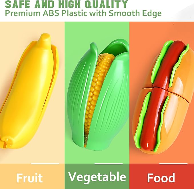 100 Pcs Play Food Set for Kids Kitchen, Pretend Food Toy for Toddlers Age 1-3, Plastics Cutting Fake Food/ Fruit/ Vegetable Accessories with 2 Baskets, Birthday Gifts for 2 3 4 5 Years Old Boys Girls