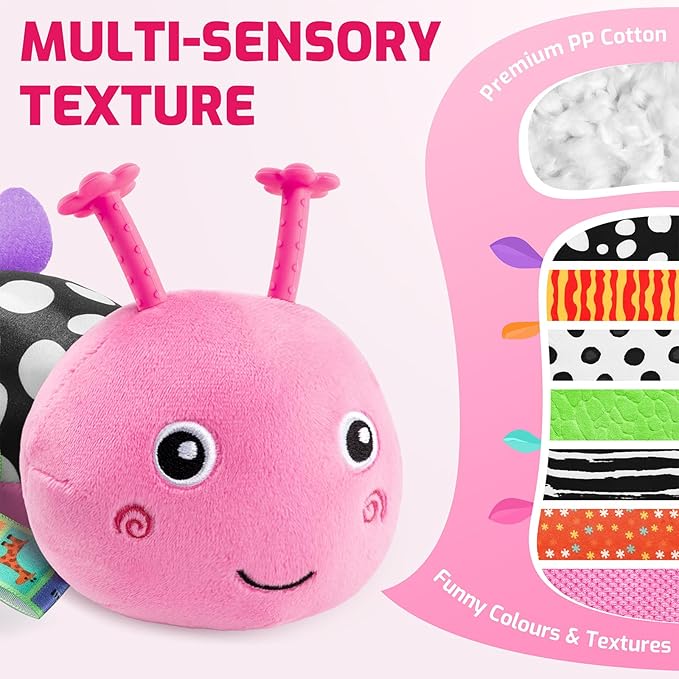 Sumobaby Baby Toys 0-6 6-12 Months,Music Caterpillar Plush Toy with Baby Mirror, Pull String&Crinkle Rattle,Infant Sensory Toys,Tummy Time for 0-3-6-12 Month Boys Girls Newborn Gifts (Pink-Leaf)