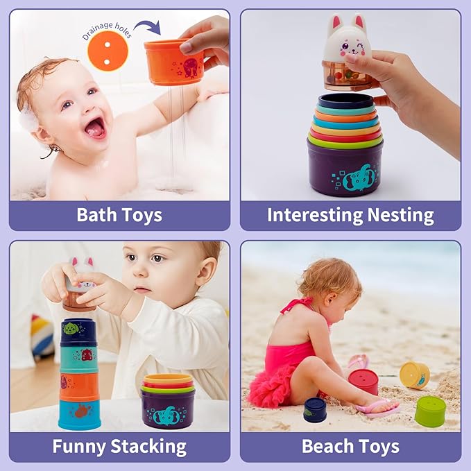 Bunny Baby Stacking Cups for Toddlers 1-3, Stacking Toys Plastic Stackable Cups for Babies 6-12 12-18 Months Toddler Toys 1-2 Nesting Color Learning Montessori Toy Gift for 1 Year Old Boy Girl