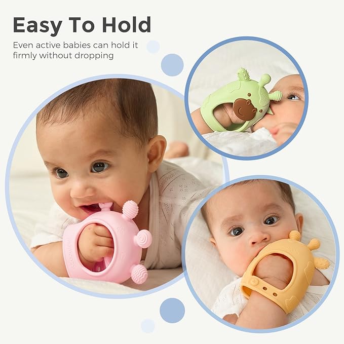 Momcozy Baby Teether Toys | Food Grade Silicone Teething Relief 0-6 Months | Toy 6-12 Months | Baby Essential | Green and Pink