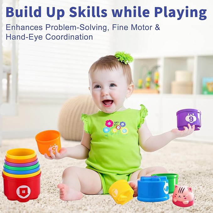 WEEJOYGAM Baby Stacking Cups, Stacking Toys for Toddlers 1-3, Infant Christmas Stocking Stuffers for 6 9 12 18 Month 1 Year Old Boy Girl Gift, Kids Montessori Sand Bath Nesting Stackable Block Age 1-2