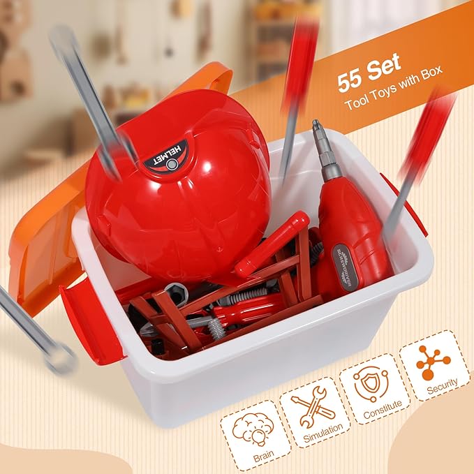 RedSwing Kids Tool Set, 55 Piece Kids Construction Kits with Storage Box,Toddler Play Tools,Pretend Play Construction Kits for Ages 3-8 Years Old