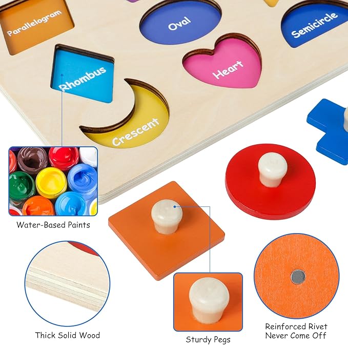 Wooden Shape Peg Puzzles for Toddlers 3 4 5 Year Old, Toddler Learning Toys Shape Sorter Color Match Montessori Toys Educational Puzzles for Toddlers 3-5 Easter Birthday for Girls Boys