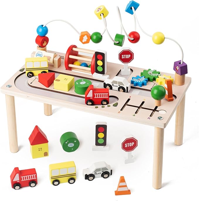 Activity Table for 1 Year Old, 8 in 1 Multi-Colorful Montessori Toys, Baby Activity Table with Bead Maze & Shape Sorter, Toddler Sensory Educational Learning Toys for Birthday Gift Boys Girls