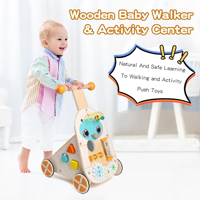 Wooden Push Walker, Adjustable Speed Baby Push Walker Activity Center Toys, Wooden Baby Walker Push and Pull Learning Activity Walker, Learning & Walking Toy for Boys Girls