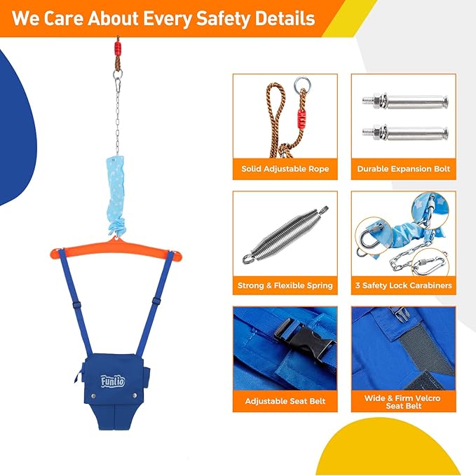 FUNLIO Baby Jumper with a Ceiling Hook for 6-24 Months, Baby Door Jumper for Indoor/Outdoor Play, Infant Jumper Doorway with Adjustable Chain, Easy to Assemble & Store (with a Ceiling Hook)