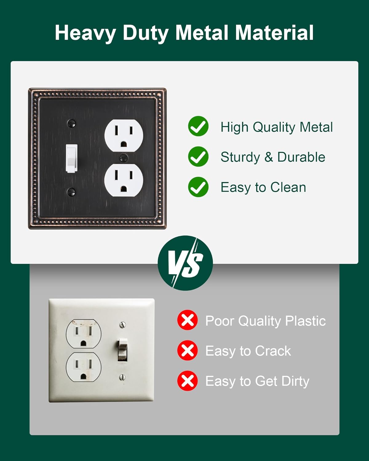 2-Pack Combo Toggle/Duplex Light Switch Cover Plate, Aged Bronze Metal Wall Outlet Cover Plate, Decorative Classic Beaded Wall Socket Receptacle Cover for Electrical Outlets, Light Switch