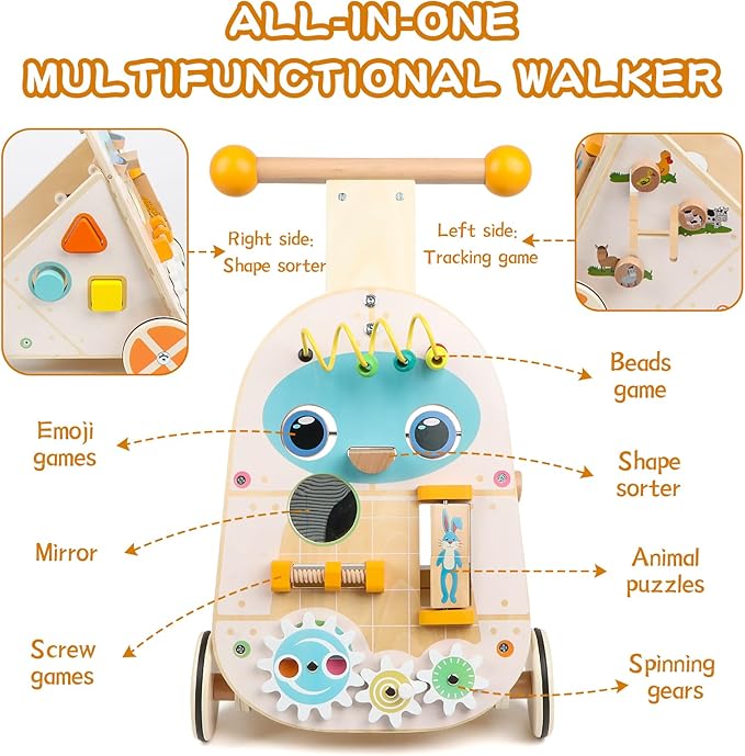 Wooden Push Walker, Adjustable Speed Baby Push Walker Activity Center Toys, Wooden Baby Walker Push and Pull Learning Activity Walker, Learning & Walking Toy for Boys Girls