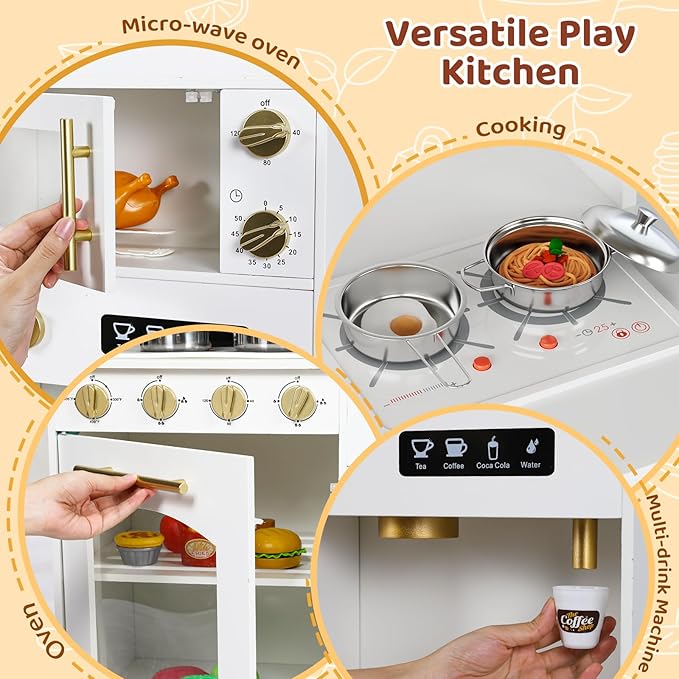 MAMIZO Kids Play Kitchen, Wooden Pretend Toy Kitchen, Large Toodler Cooking Playset, Stove and Water Dispenser w/Sound & Light, Sink, Microwave, Curtain, Modern Home Style for Ages 3+ (White)