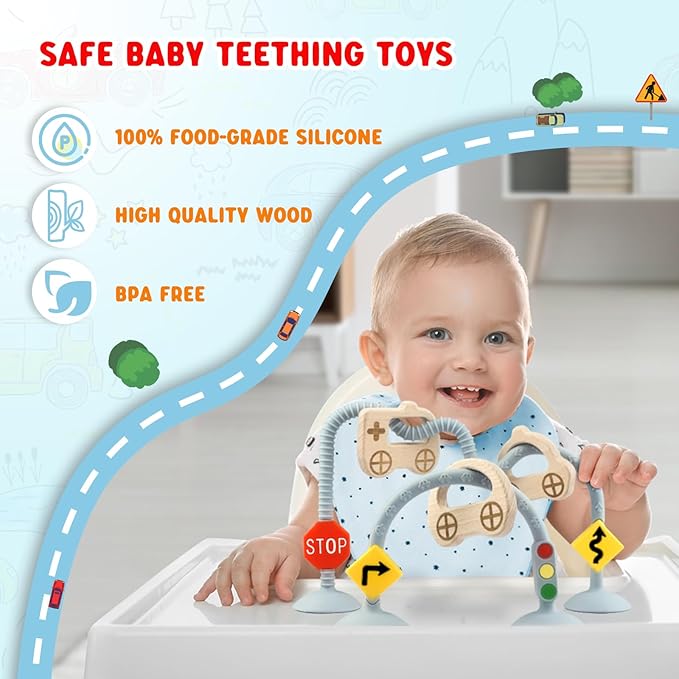 High Chair Suction Toys for Babies 6-12 Months, Suction Cup Toy for Toddlers 1-3, Baby Sensory Montessori Chew Toy for Babies 0-6 Month, Silicone Baby Teething Toys for 12-18 Months