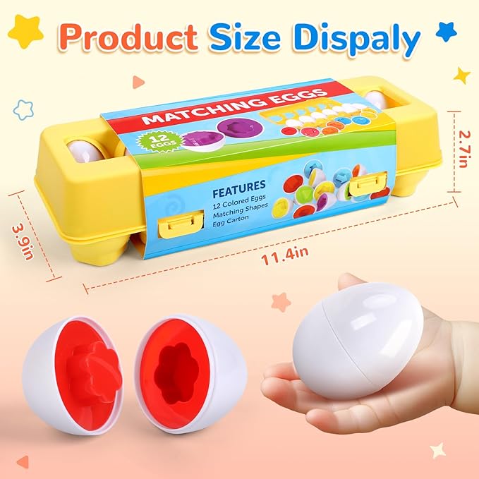 USATDD Matching Eggs for Toddlers Montessori Color & Shape Recognition Toy, Fine Motor Skills Shape Sorter Puzzle, Educational Montessori for Kids,12pcs Eggs Toy